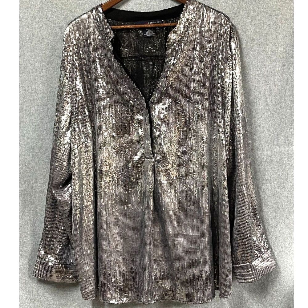 Denim 24/7 Womens 30W Silver Sequin Tunic Blouse Plus Size Party Glam